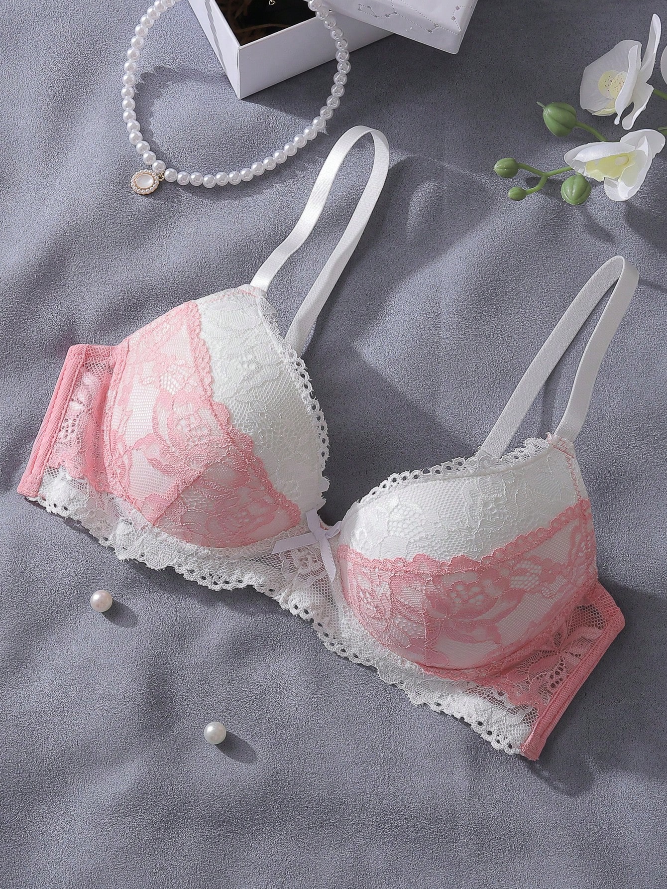Pink and White Lace Patchwork  - Underwire Bra Padded avaliação e preço