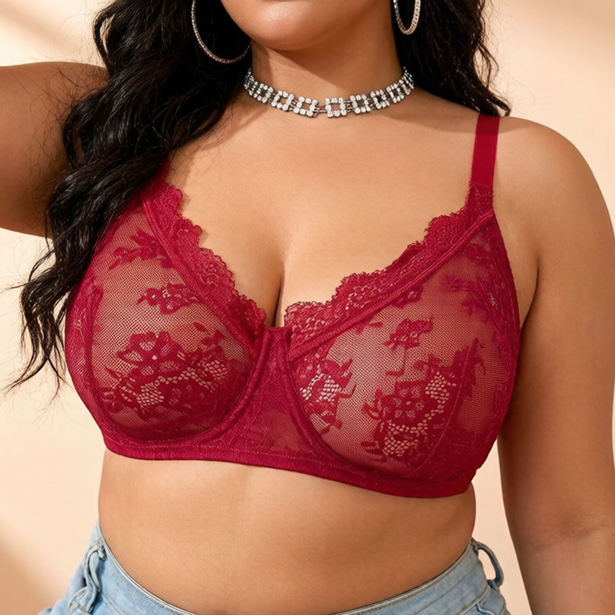 Women Plus Size Red Lace Sheer - Sheer Mesh Bra avaliação e preço