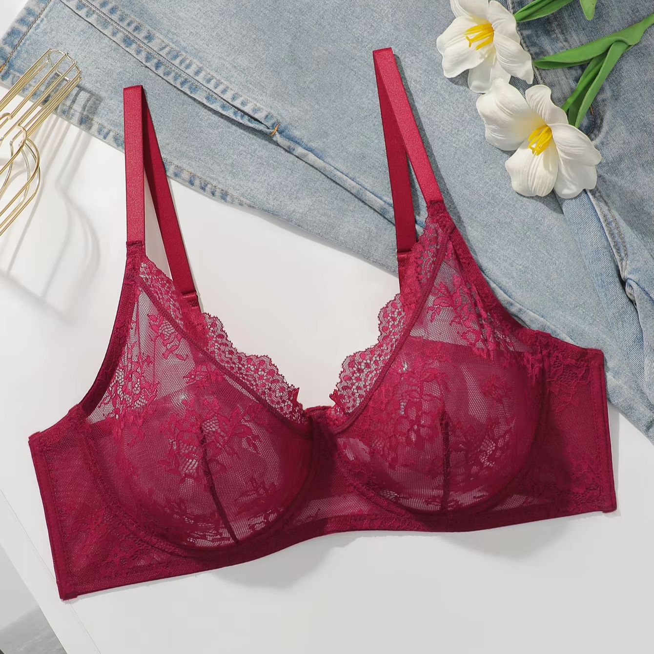 Women Plus Size Red Lace Sheer - Sheer Mesh Bra avaliação e preço