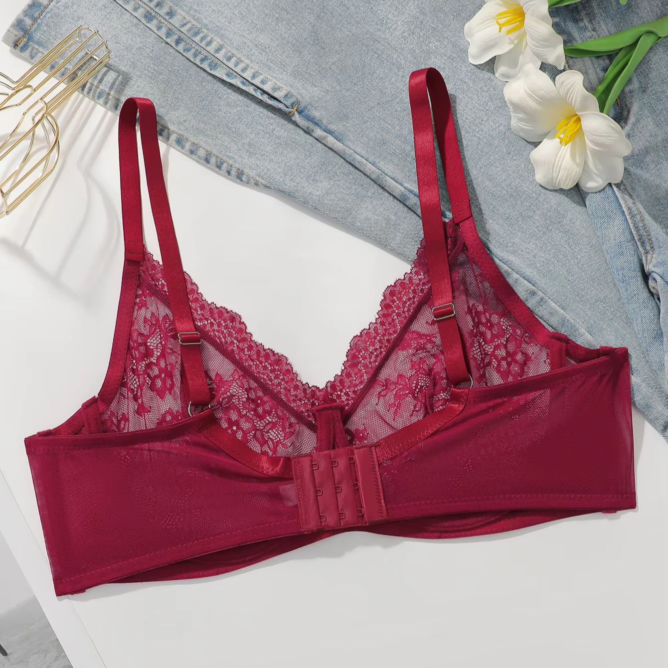 Women Plus Size Red Lace Sheer - Sheer Mesh Bra avaliação e preço