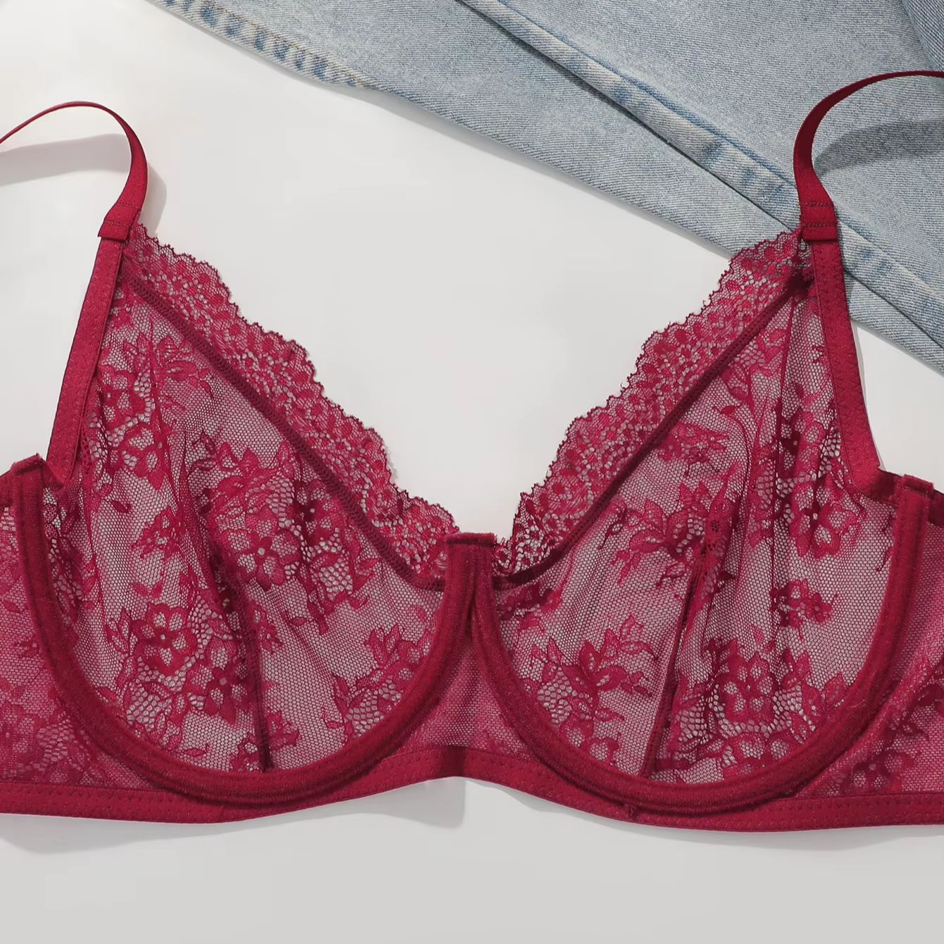 Women Plus Size Red Lace Sheer - Sheer Mesh Bra avaliação e preço