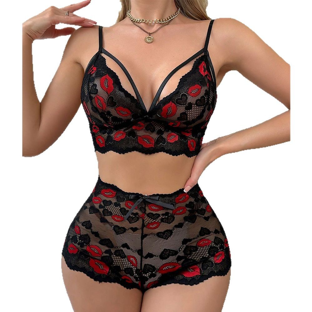 Babydoll Lingerie Set Red Lips - Sheer Mesh Bra avaliação e preço